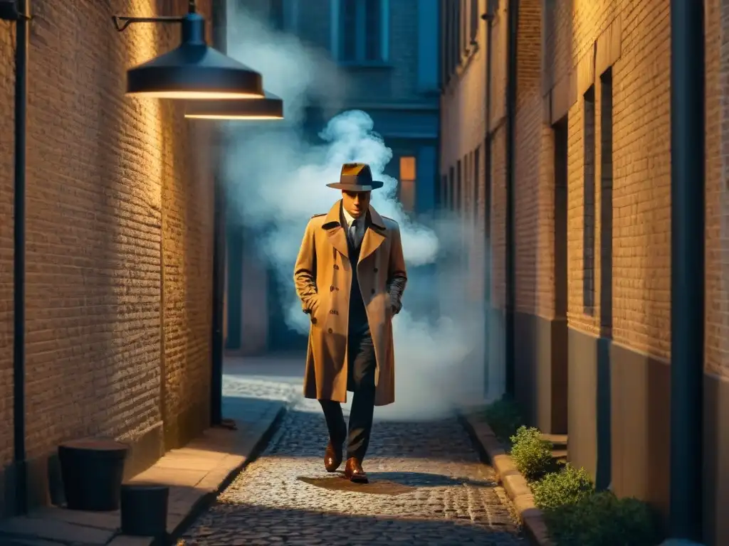 Un detective en un callejón oscuro de noche, evocando misterio y suspense al estilo del cine noir