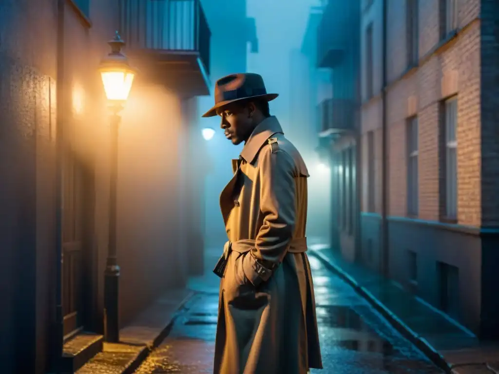 Un detective en un callejón oscuro de noche, con misterio y sombras, resolviendo casos sin resolver en detectives