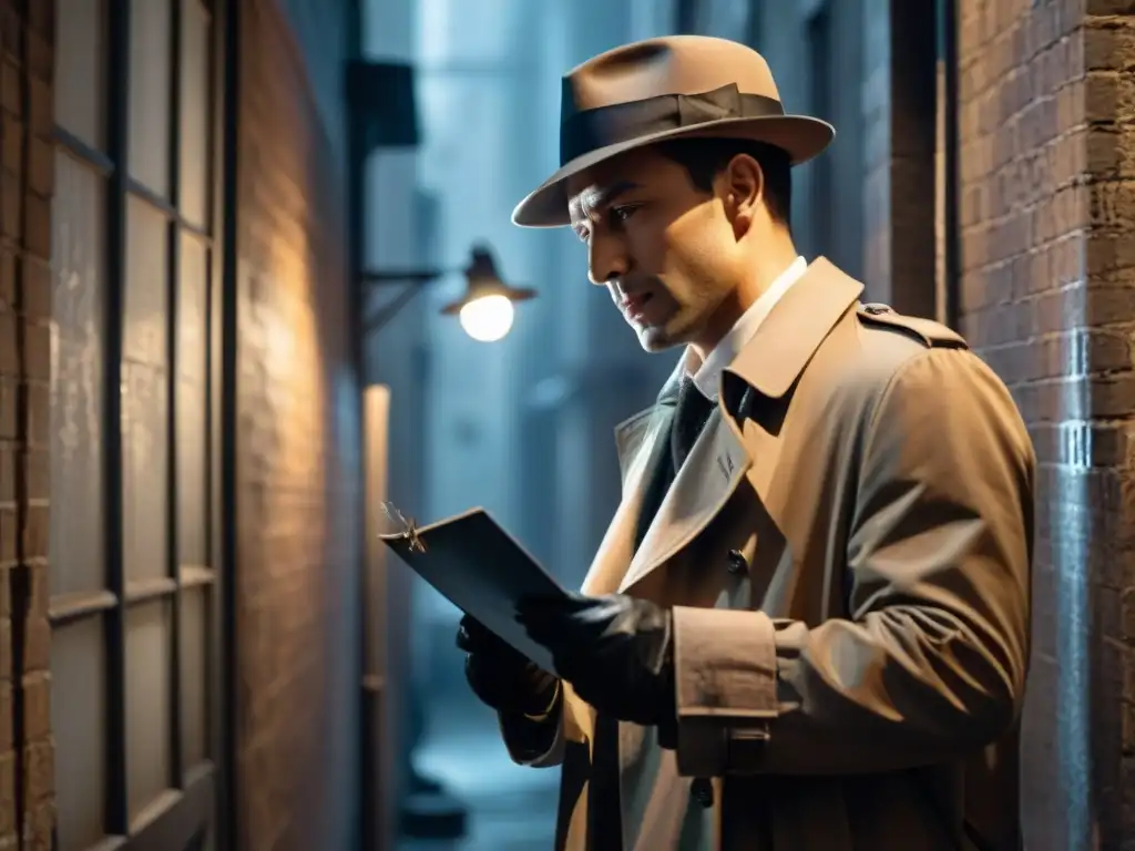 Detective en callejón oscuro, inspeccionando pista bajo luz de farola