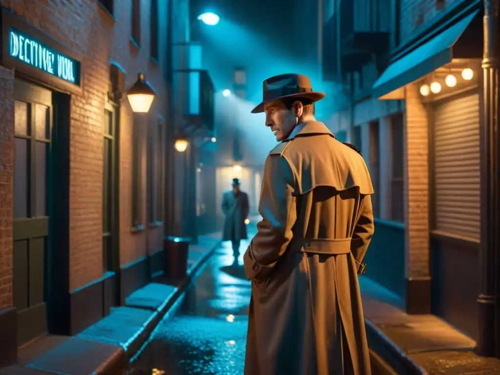 Un detective en un callejón oscuro examinando pistas bajo la luz de una farola vintage