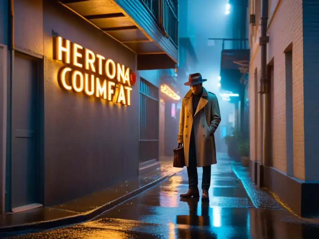 Un detective en un callejón oscuro, examinando pistas bajo la lluvia con una lupa, iluminado por un letrero de neón