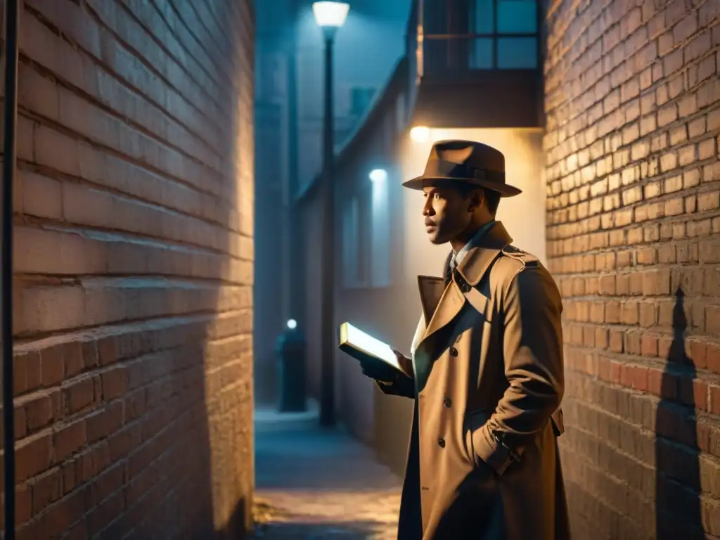 Detective en callejón oscuro: misterio y intriga Un detective en un callejón oscuro, examinando pistas con lupa bajo la luz de un farol intermitente