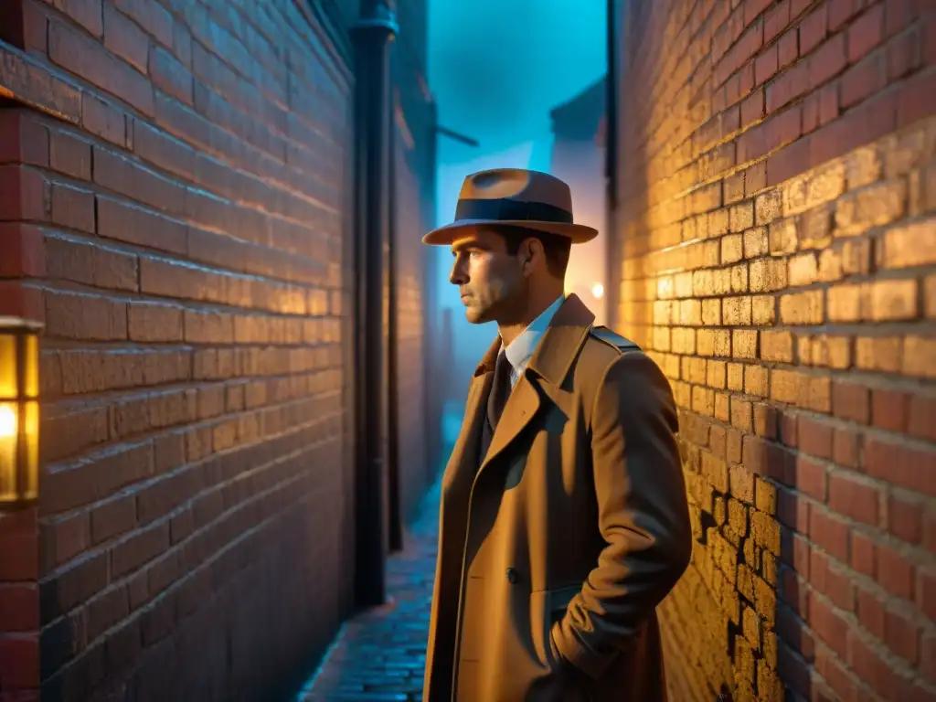 Un detective en un callejón oscuro, reflejos de luces de neón