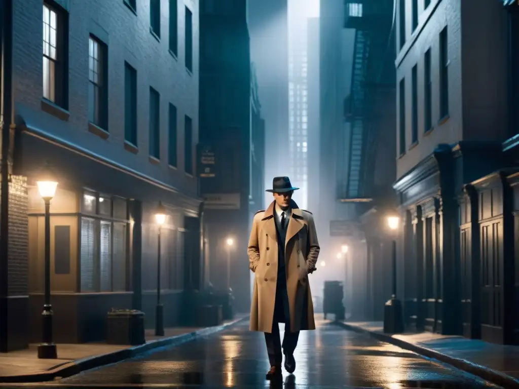 Atmósfera noir con detective en callejón oscuro, resaltado por luz de farola
