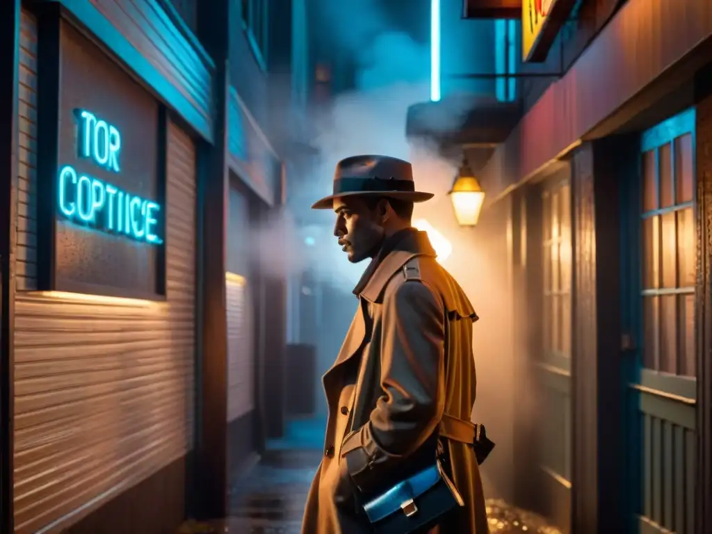 Detective en callejón oscuro, silueta bajo letrero de neón