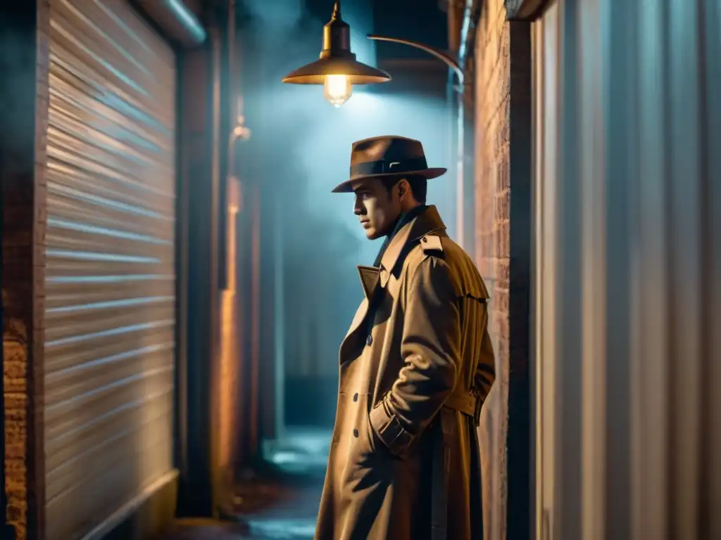 Un detective en un callejón oscuro, con sombras proyectadas por una farola, evocando el Film Noir