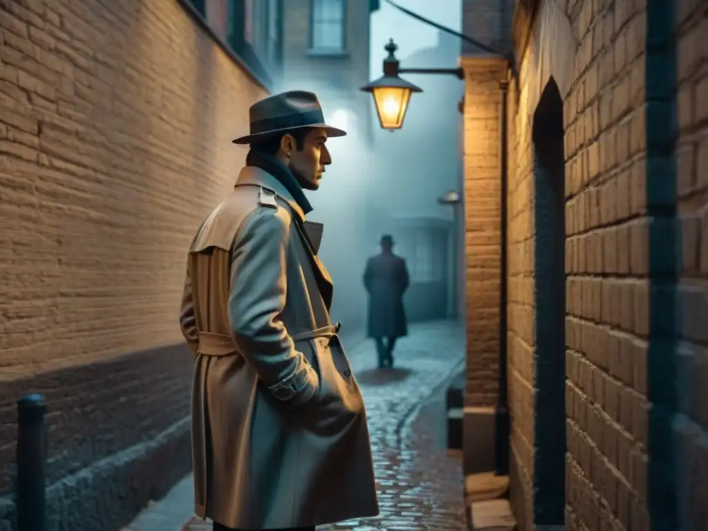 Noche de misterio: detective en callejón sombrío Un detective en un callejón oscuro, con sombras y un solo individuo bajo una farola titilante