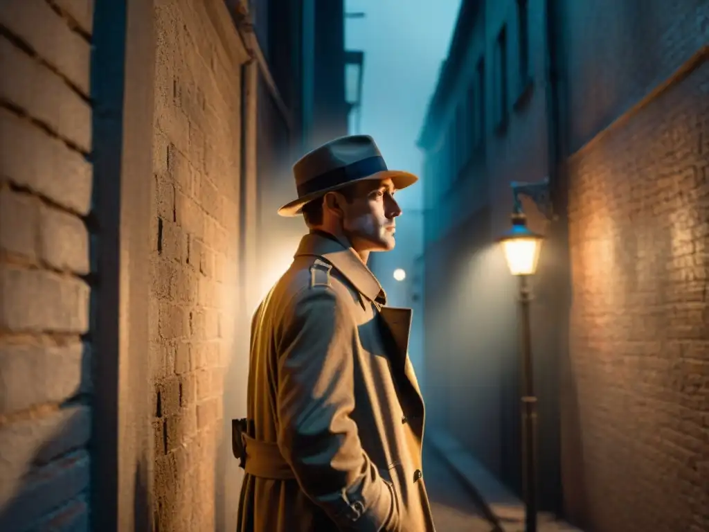 Un detective en un callejón oscuro con sombras proyectadas por una farola parpadeante, mostrando un ambiente de misterio y suspense