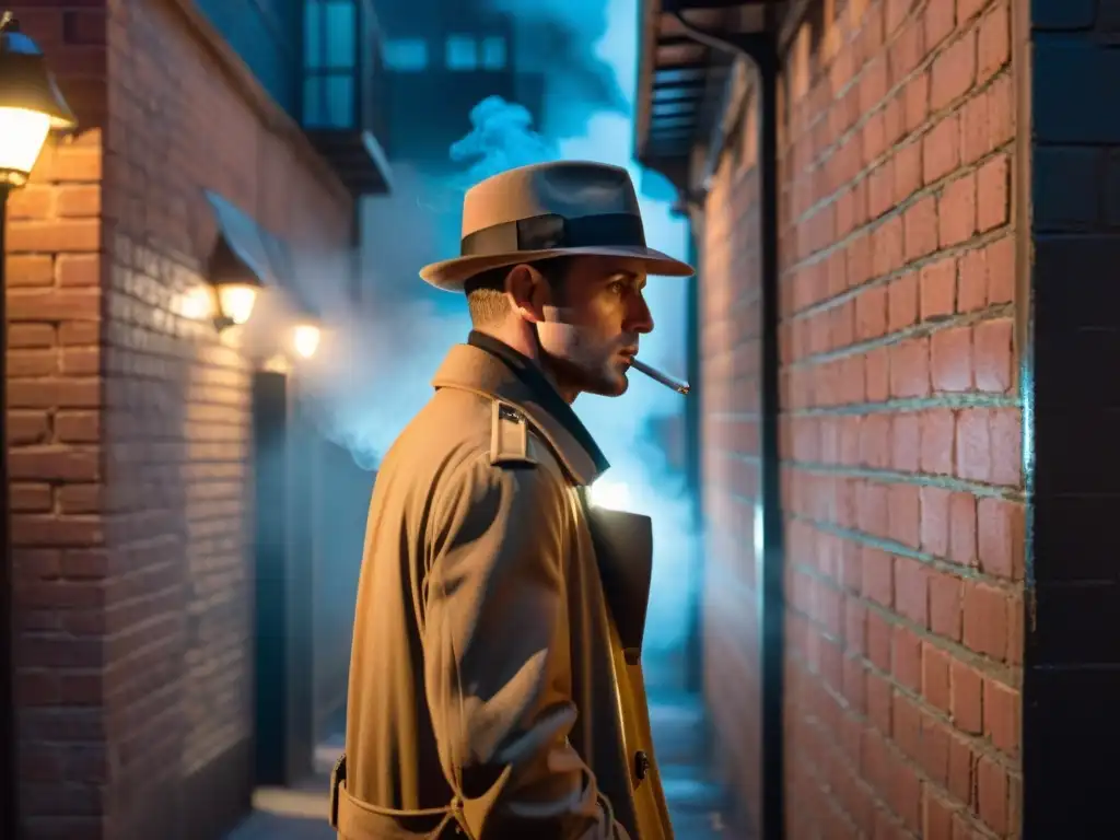 Un detective en un callejón oscuro, con sombras y una luz de neón, refleja la atmósfera de los mejores detectives en películas