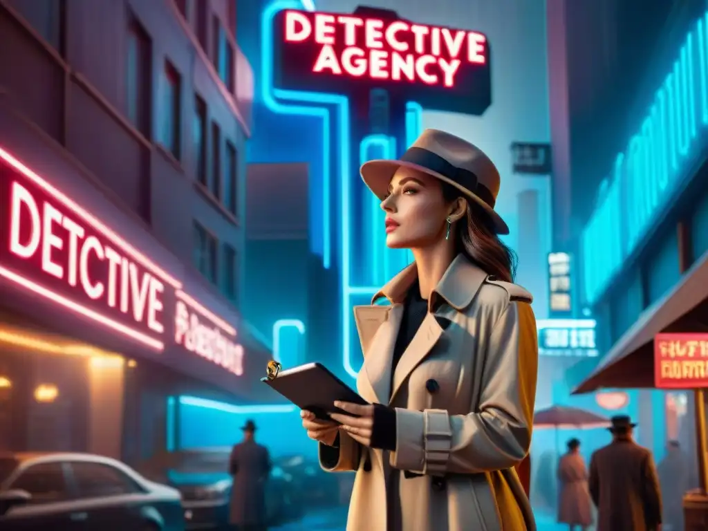 Una detective de ciencia ficción en un callejón oscuro, con gabardina y sombrero, junto a un letrero de 'Agencia de Detectives'