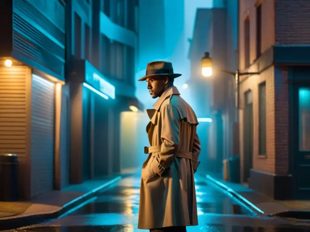 Detective misterioso en callejón nocturno Detective en el callejón oscuro con sombrero y gabardina, bajo luz de farola