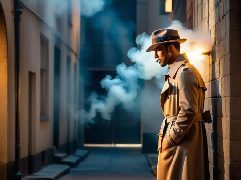 Un detective en un callejón oscuro, con sombrero y gabardina, fumando un cigarrillo bajo una farola parpadeante