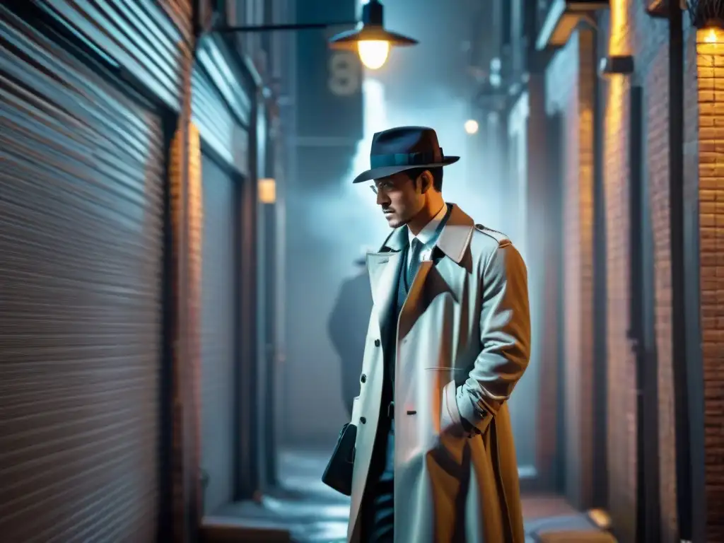 Detective en callejón con misterio y tecnología Un detective en un callejón oscuro con un sombrero y un abrigo, usando una app de camuflaje digital en su smartphone