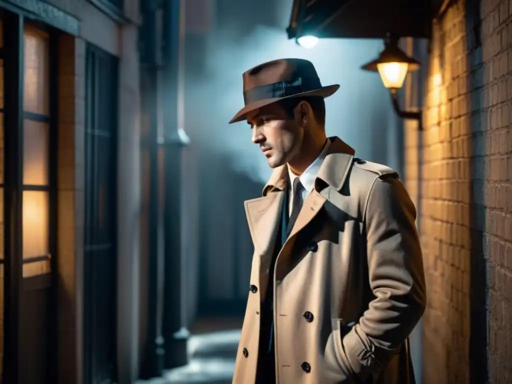 Detective misterioso en callejón sombrío: Intriga Noir Detective en un callejón oscuro con un sombrero y gabardina, bajo una farola