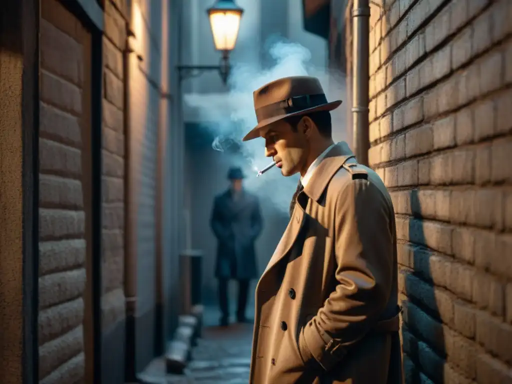 Un detective en un callejón sombrío en blanco y negro, con sombras proyectadas por la luz de una farola