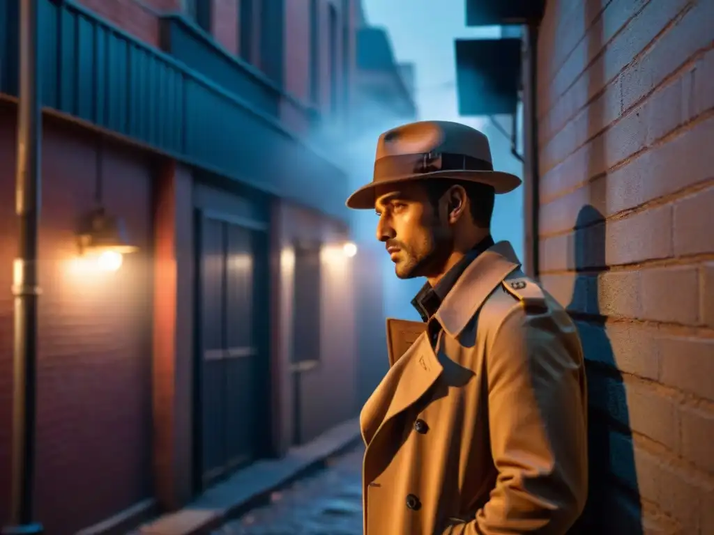 Detective en callejón sombrío, iluminado por luces de neón