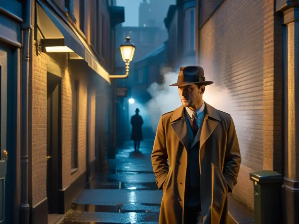 Un detective en un callejón sombrío, iluminado por una farola distante