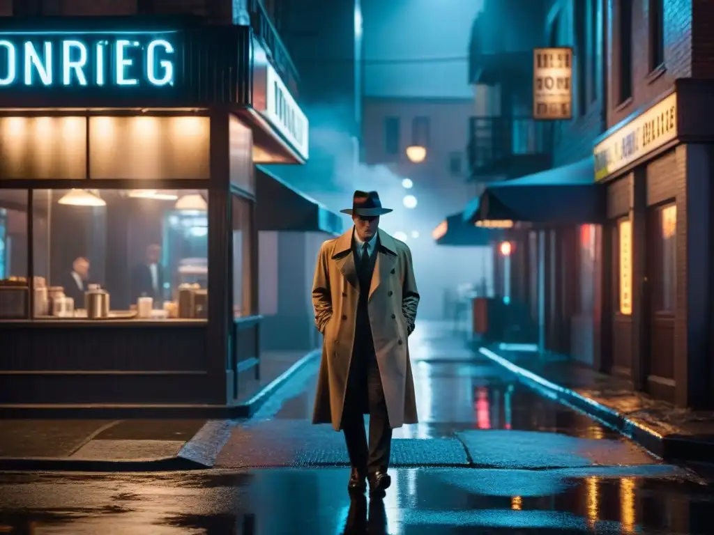 Un detective en un callejón sombrío bajo la lluvia, con un ambiente noir