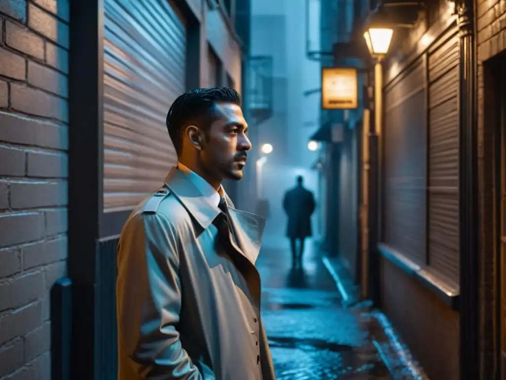 Detective en callejón sombrío bajo la lluvia, reflejos de neón