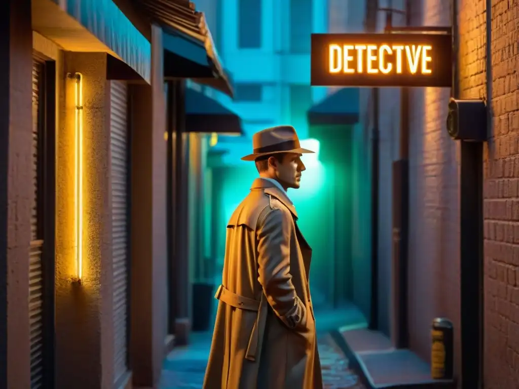 Un detective en un callejón sombrío bajo luces de neón, evocando un ambiente de Film Noir