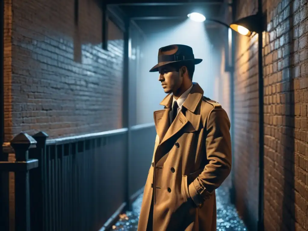 Un detective en un callejón sombrío bajo la luz tenue de una farola, en un escenario misterioso de Film Noir