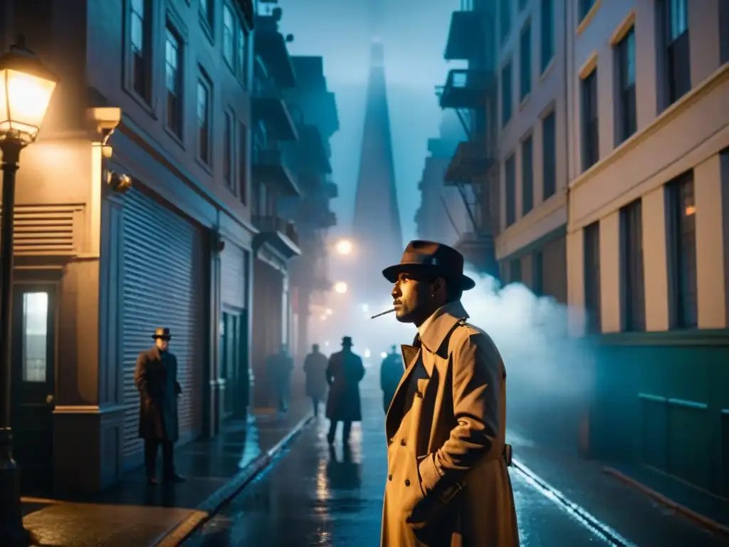 Un detective en un callejón sombrío de San Francisco en noche de niebla, con la Pirámide Transamerica al fondo