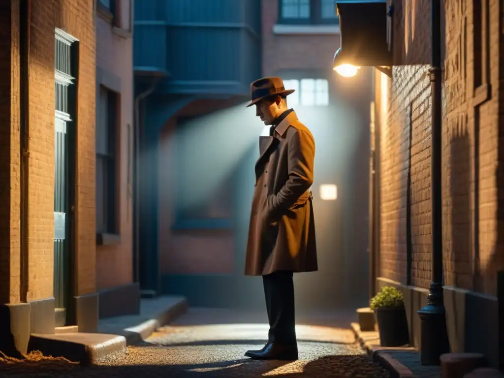 Un detective en un callejón sombrío de noche, iluminado por una sola farola