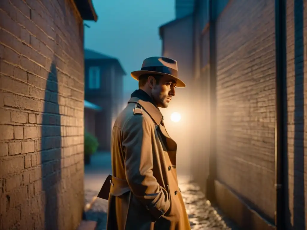 Detective en un callejón sombrío de noche, iluminado por una lámpara