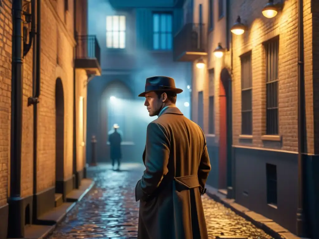 Un detective en un callejón sombrío de noche, iluminado por una lámpara, analiza una pista
