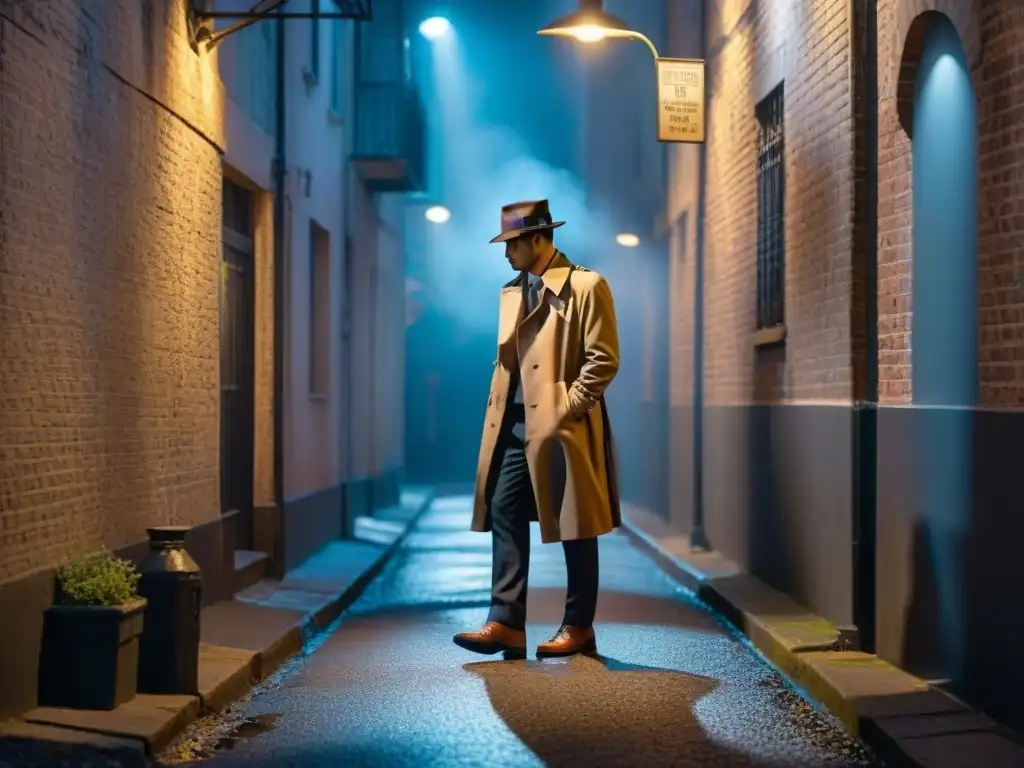 Detective misterioso examina pista en callejón sombrío Un detective en un callejón sombrío de Mystic River, con una pista misteriosa bajo la luz de una farola distante