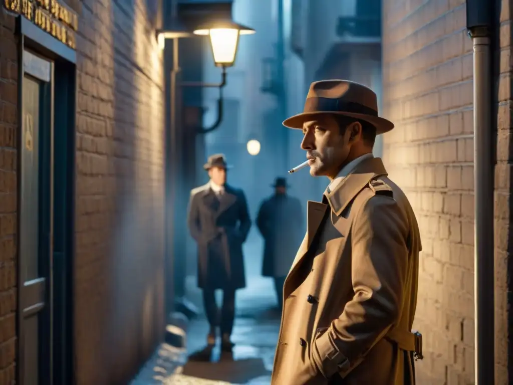 Detective en la penumbra: misterio y suspense en el callejón nocturno Un detective fumando en un callejón sombrío