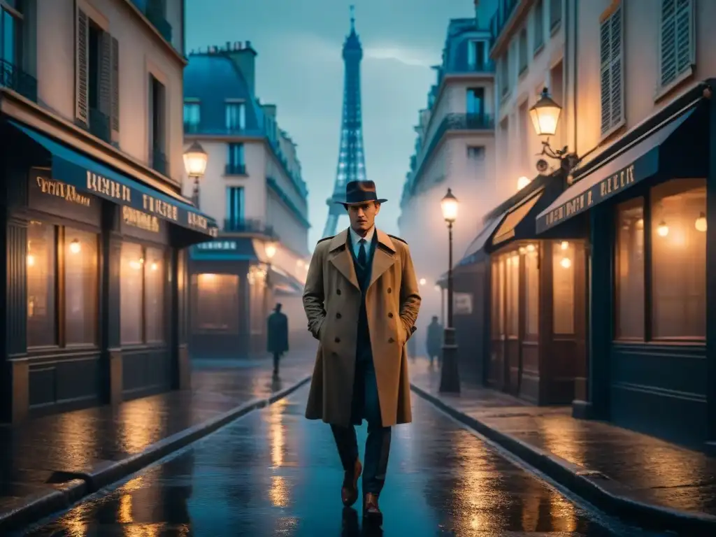 Un detective en gabardina en un callejón de París, con la Torre Eiffel al fondo, evoca la evolución del género detective en Francia