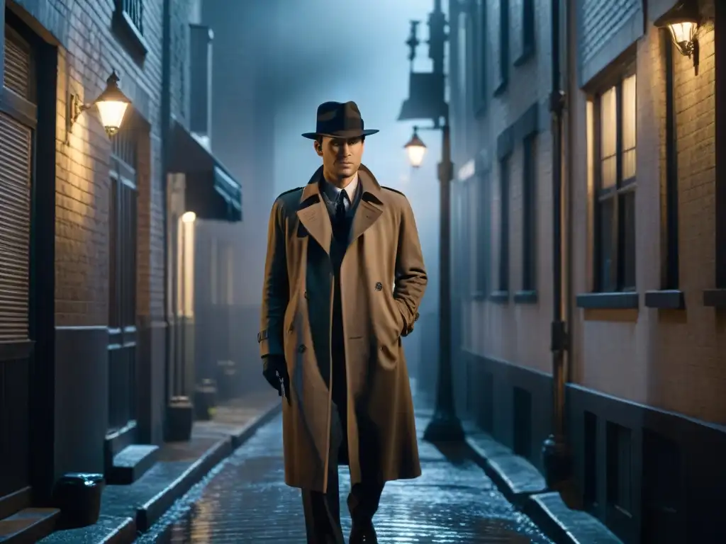 Intriga nocturna: detective en alleyway sombrío Un detective en la callejuela, con niebla y farola vintage