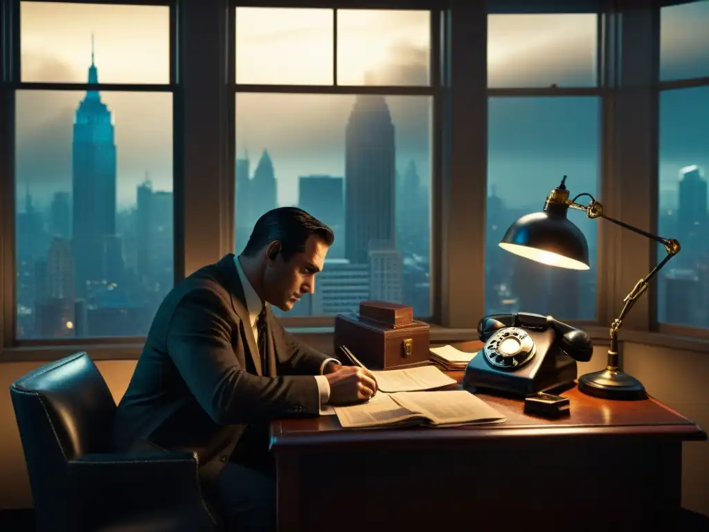 Detective exhausto: oficina sombría y misteriosa Un detective cansado lucha con desafíos administrativos en un oscuro despacho de película noir