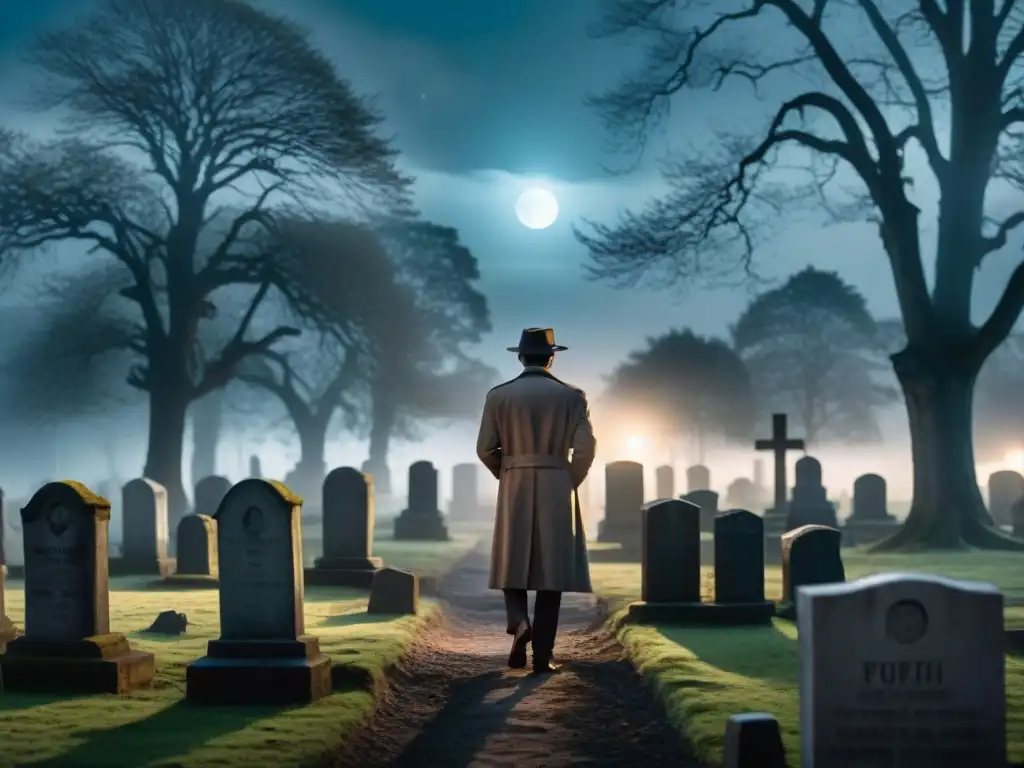 Un detective en un cementerio histórico iluminado por la luna, creando una atmósfera de misterio y suspense