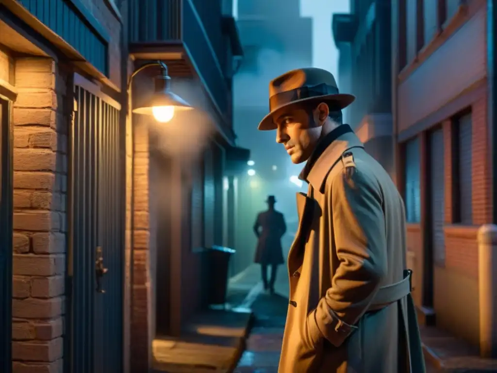 Detective en cine y TV en un callejón oscuro de noche, bajo una farola parpadeante