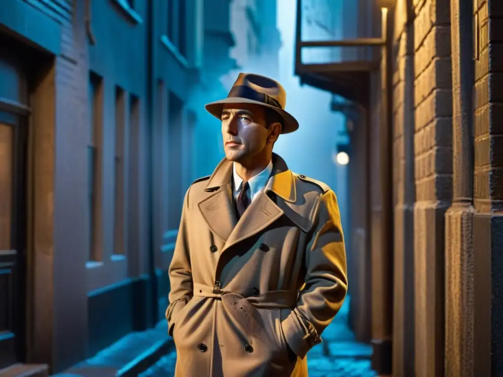 Sam Spade, detective de cine y televisión, en un callejón sombrío con atmósfera de Film Noir