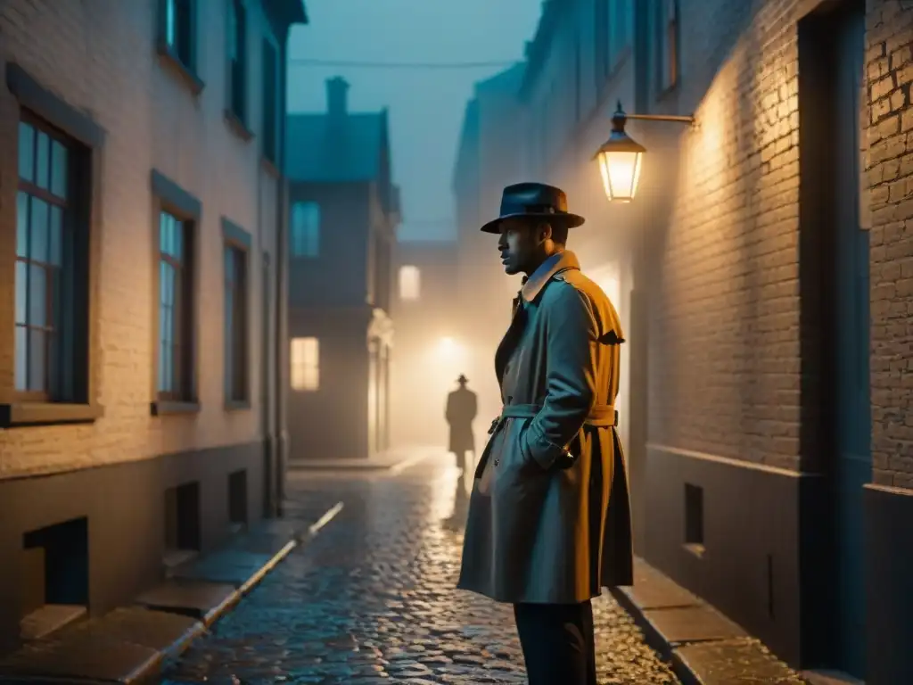 Un detective de cine, con su gabardina y sombrero, observa una ventana brillante en un callejón oscuro y misterioso