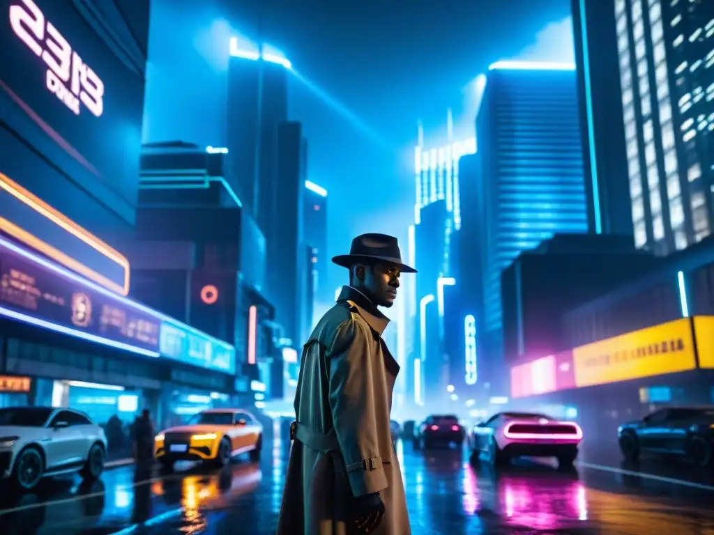 Un detective de ciencia ficción en una ciudad futurista envuelta en neblina, luces de neón y misterio