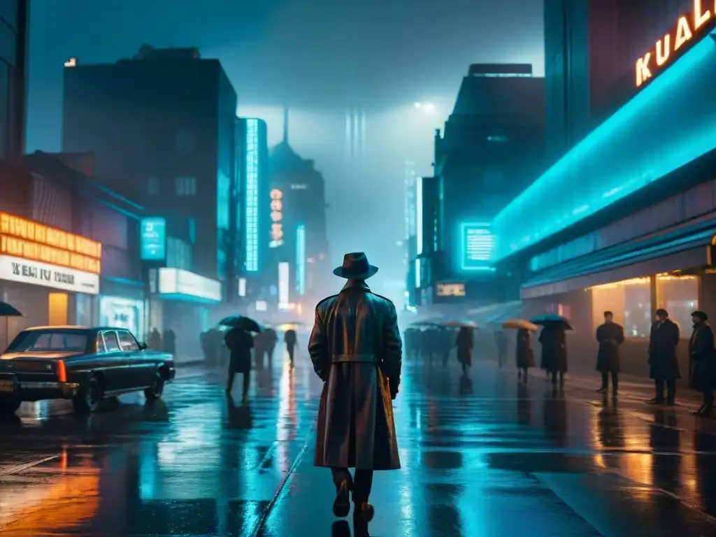 Un detective en la ciudad lluviosa, bajo neones futuristas, evoca el análisis de Blade Runner