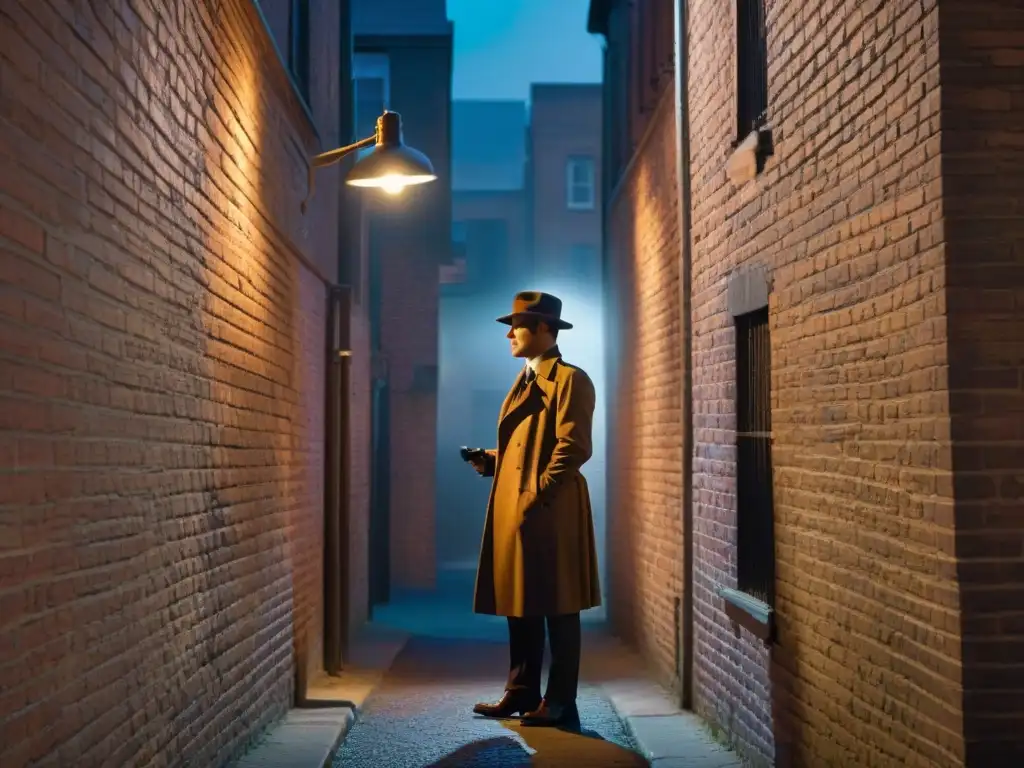 Un detective clásico con un toque moderno, iluminado en un oscuro callejón por una lámpara de calle vintage