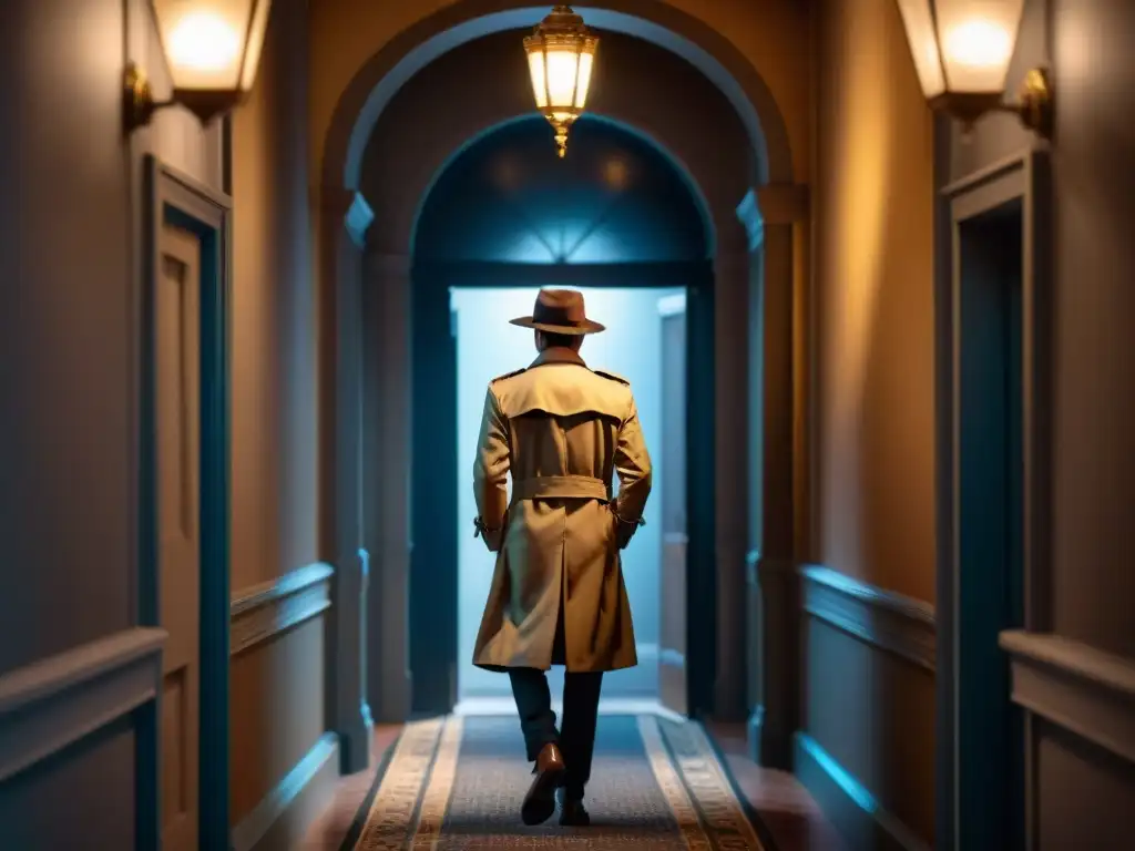 Un detective en trench coat y fedora acecha en un lujoso pasillo de palacio real, evocando misterio y elegancia en adaptaciones de realeza