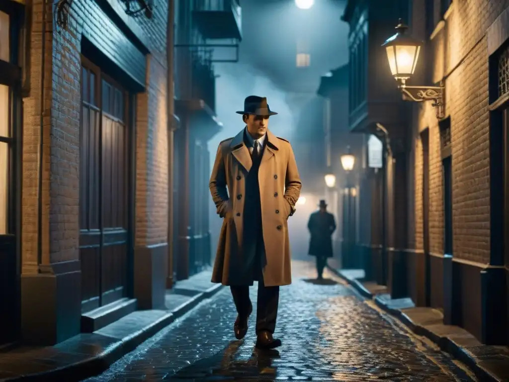 Un detective en trench coat y sombrero fedora en un callejón oscuro, evocando el cine noir