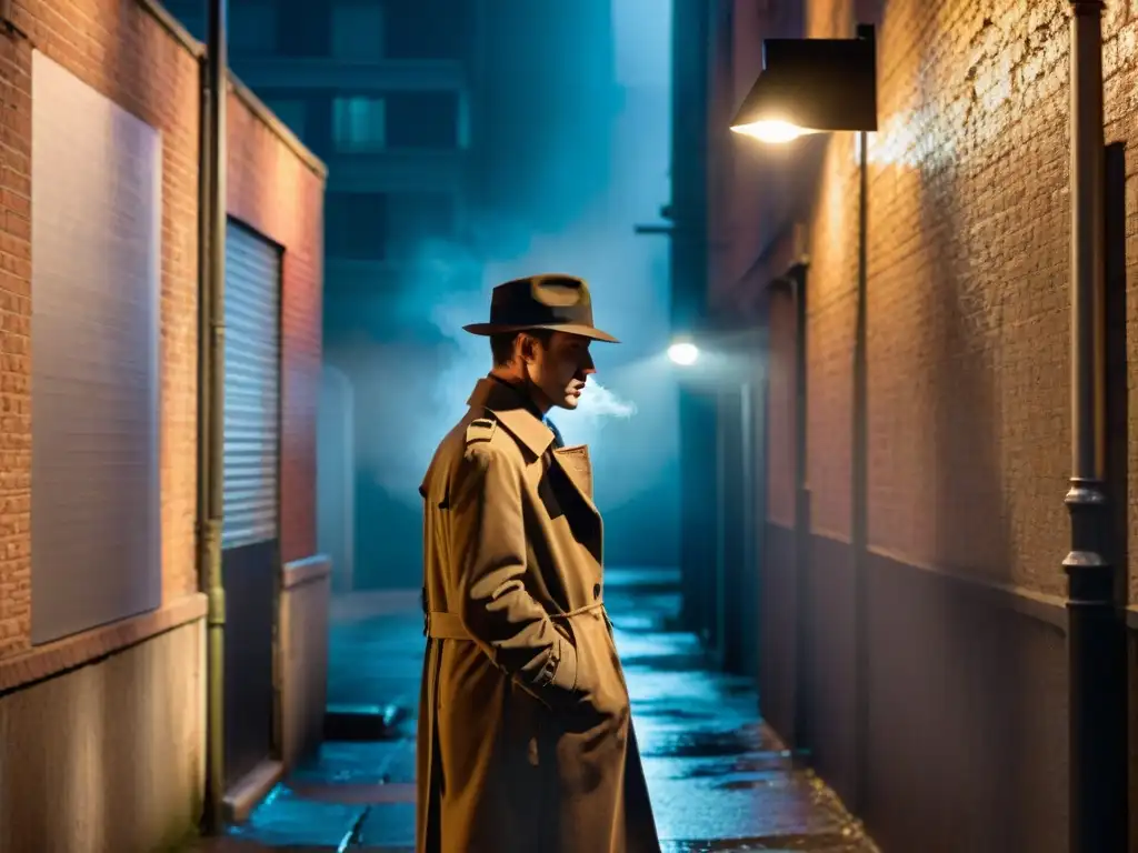 Un detective en trench coat y sombrero fedora fuma en un callejón oscuro, evocando el misterio del cine noir