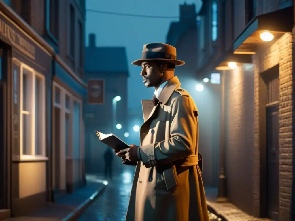 Un detective de comedia en televisión, con su magnifying glass y notepad, en un callejón sombrío de la ciudad de noche