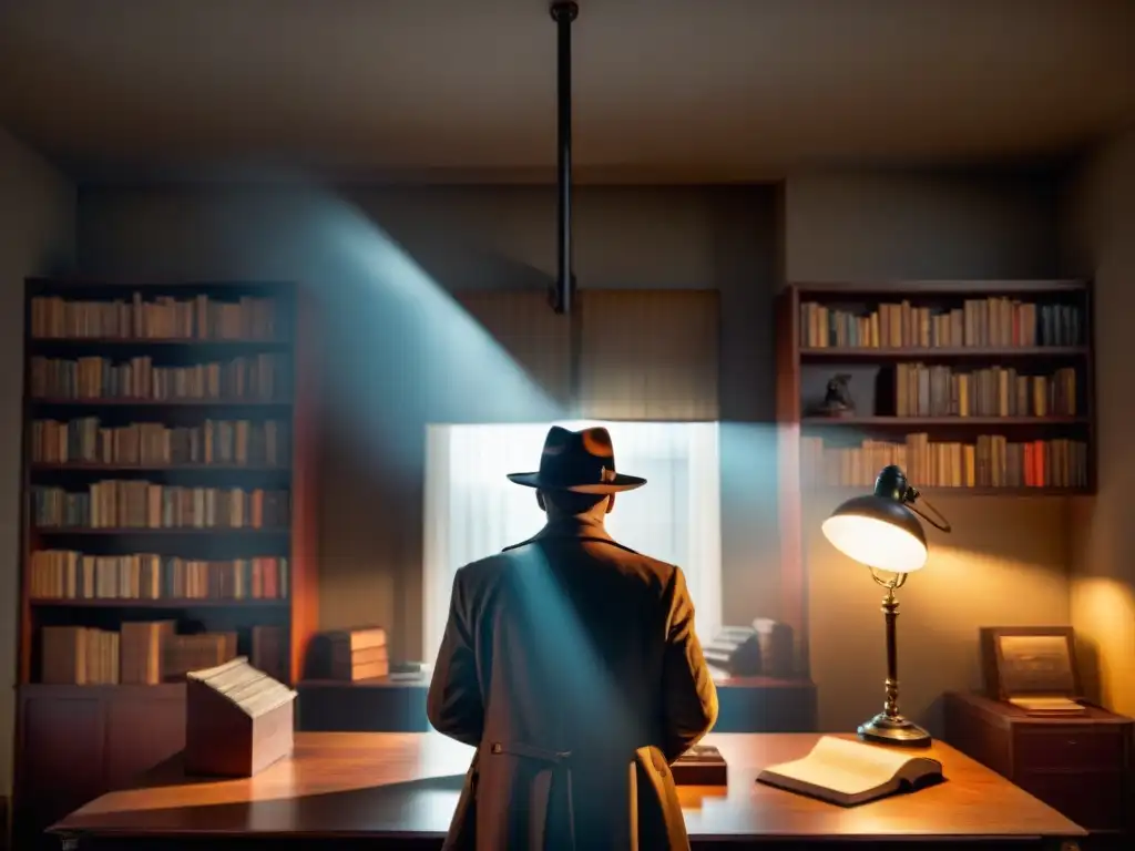 Un detective de comedia en televisión examina una pista en un misterioso despacho de estilo Film Noir