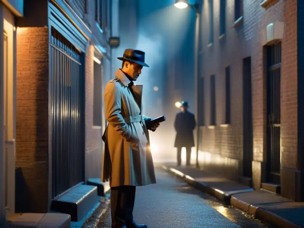 Un detective de comedia en televisión examina una pista en un oscuro callejón nocturno
