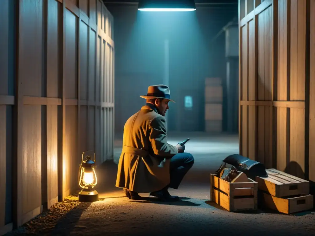 Un detective examina con cuidado las herramientas de investigación en un callejón oscuro iluminado por una farola titilante