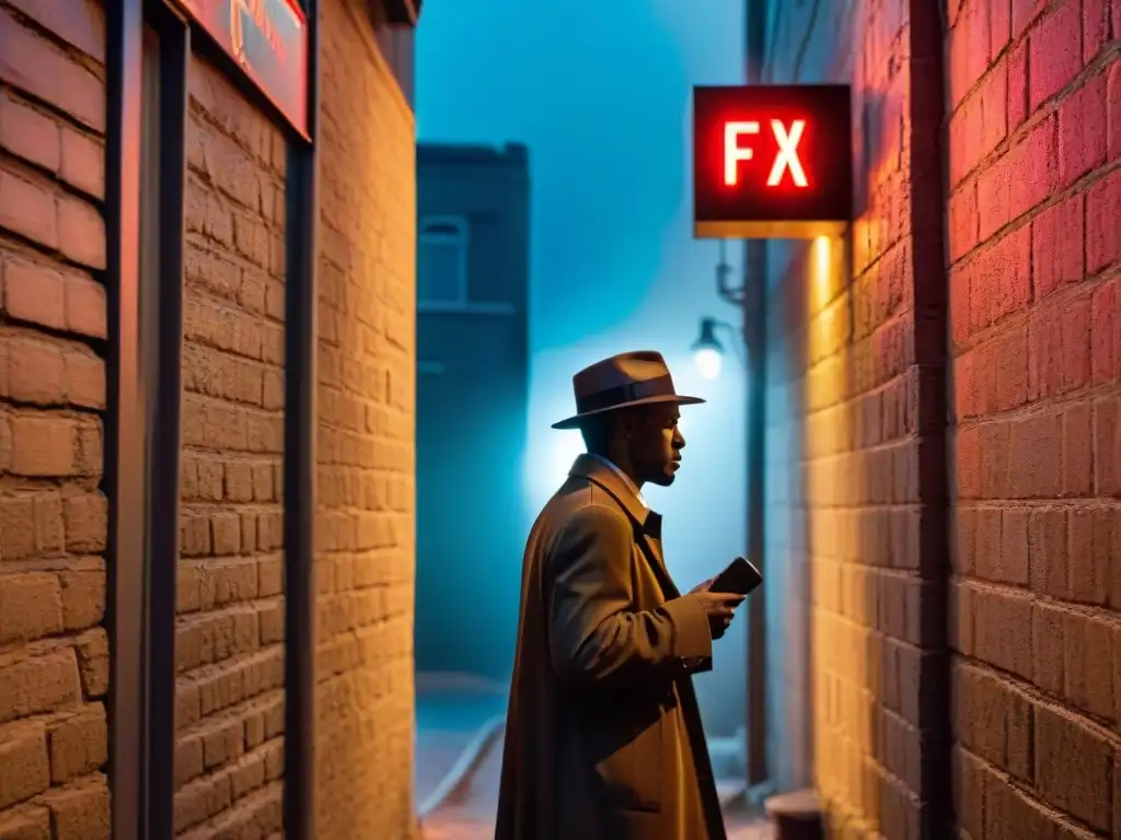 Detective en la era digital, en un callejón oscuro iluminado por un letrero de neón, creando un ambiente de suspense y misterio