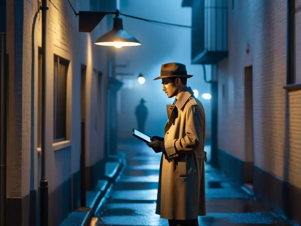 Detective en la era digital examinando pistas en un callejón sombrío